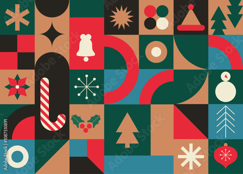 Advent Calendar, Merry Christmas poster, printable template with Xmas elements in modern minimalist style. Vector illustration and concept design.Holiday season, Trendy, contemporary abstract design. 
