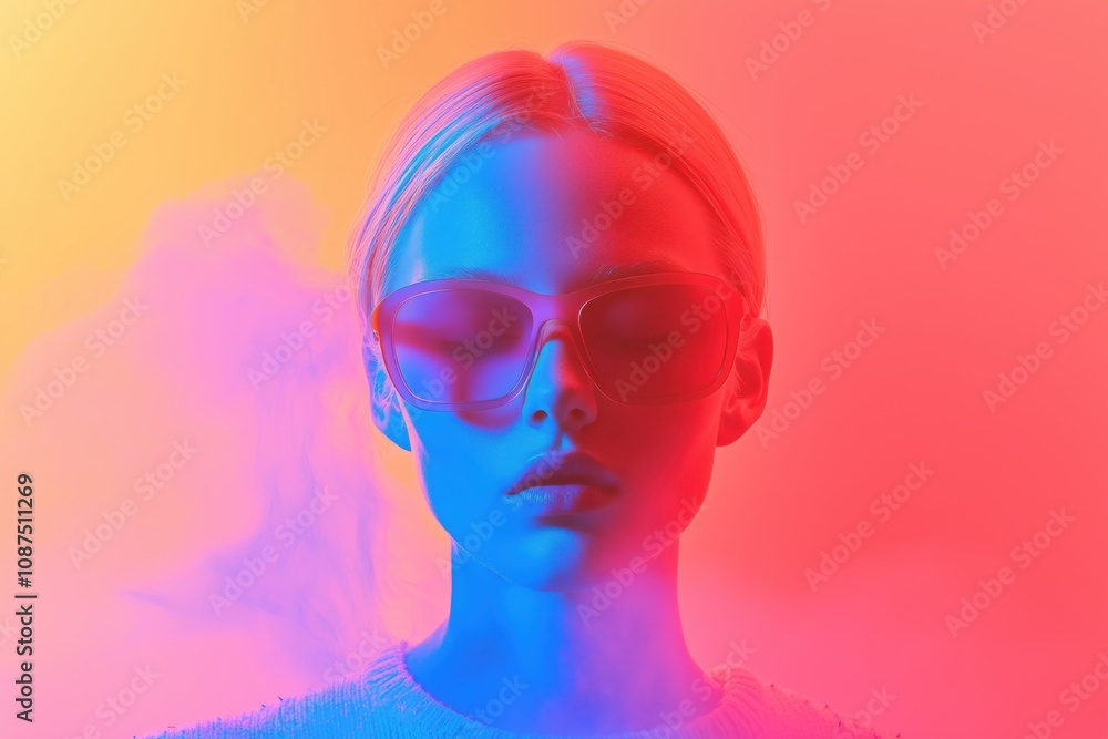 Retrato feminino com óculos de sol em iluminação neon nas cores rosa e azul, estilo futurista e conceitual, criado por IA generativa. Retrato feminino com óculos de sol em iluminação neon nas cores rosa e azul, estilo futurista e conceitual, criado por IA generativa.