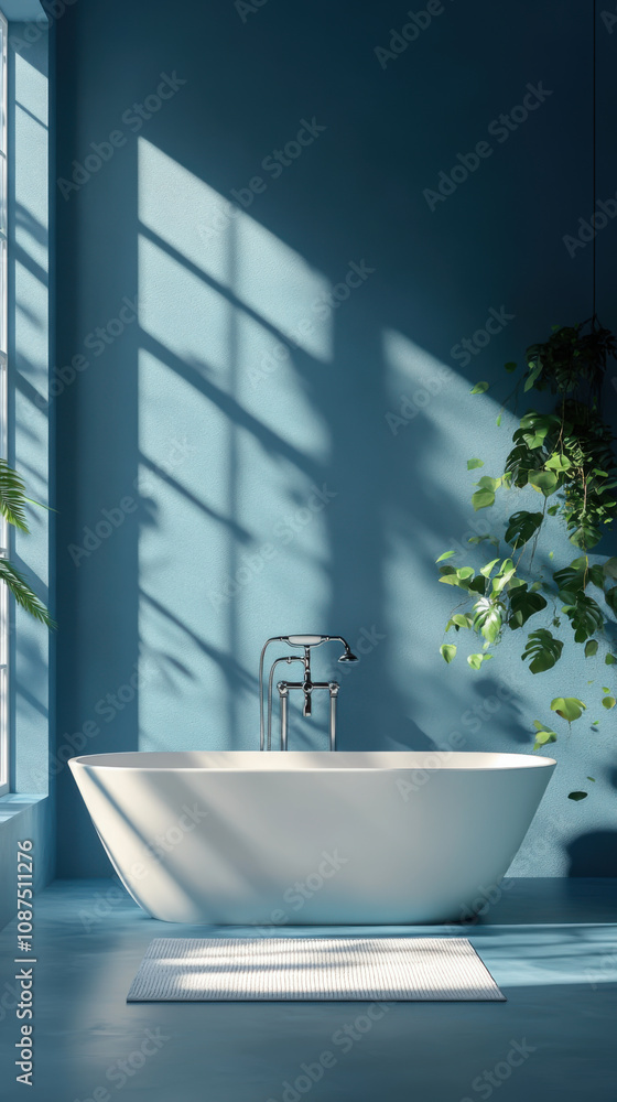 Light blue decorated bathroom scene, there is a white bathtub, stylish and simple style
