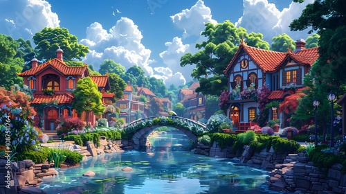 Brightly decorated bridges in a cartoon riverf. AI generated photo