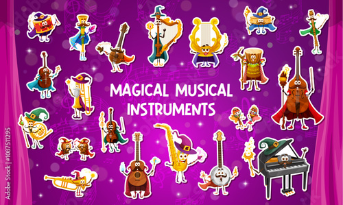 Stickers pack of musical instrument characters, vector magic musicians personages. Cartoon cute drum, piano, guitar and saxophone magicians, violin, trumpet, harp and banjo witches stickers set