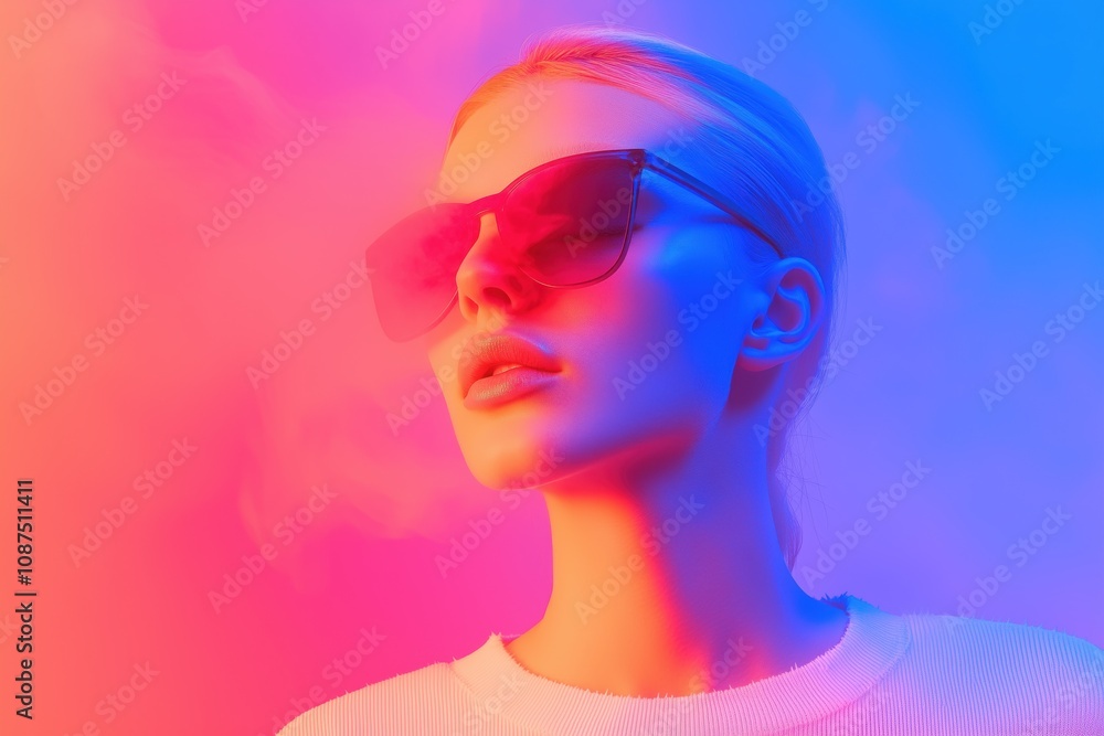 Retrato feminino com óculos de sol em iluminação neon nas cores rosa e azul, estilo futurista e conceitual, criado por IA generativa. Retrato feminino com óculos de sol em iluminação neon nas cores rosa e azul, estilo futurista e conceitual, criado por IA generativa.
