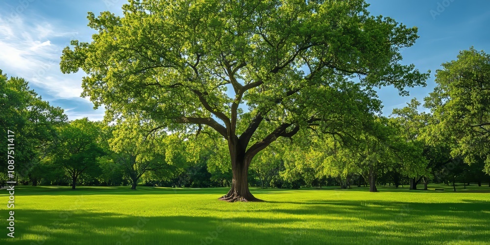 Large oak tree in a park showcasing vibrant early spring green leaves, highlighting the beauty of nature and the refreshing ambiance created by the lush greenery of the oak tree. Large oak tree in a park showcasing vibrant early spring green leaves, highlighting the beauty of nature and the refreshing ambiance created by the lush greenery of the oak tree.