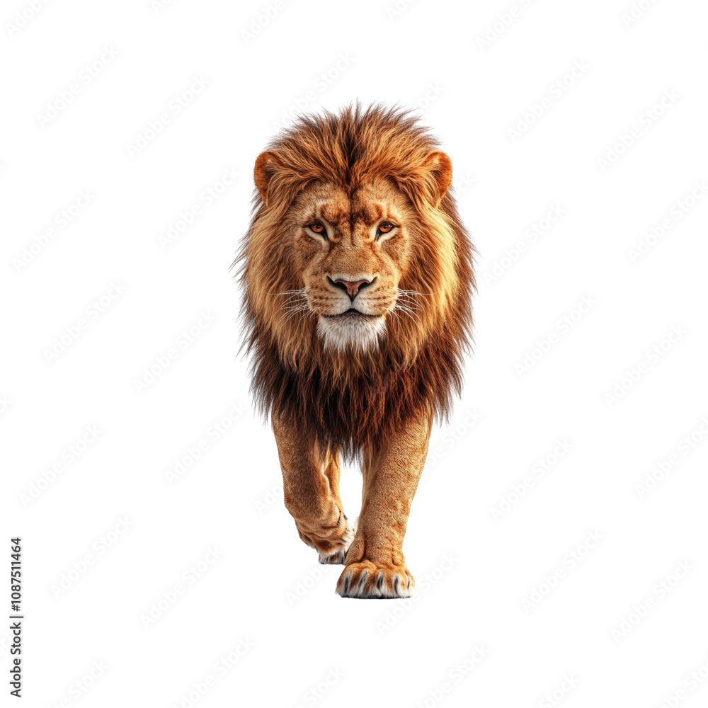 Obraz premium Majestic African Lion Walking Towards the Camera on White Background