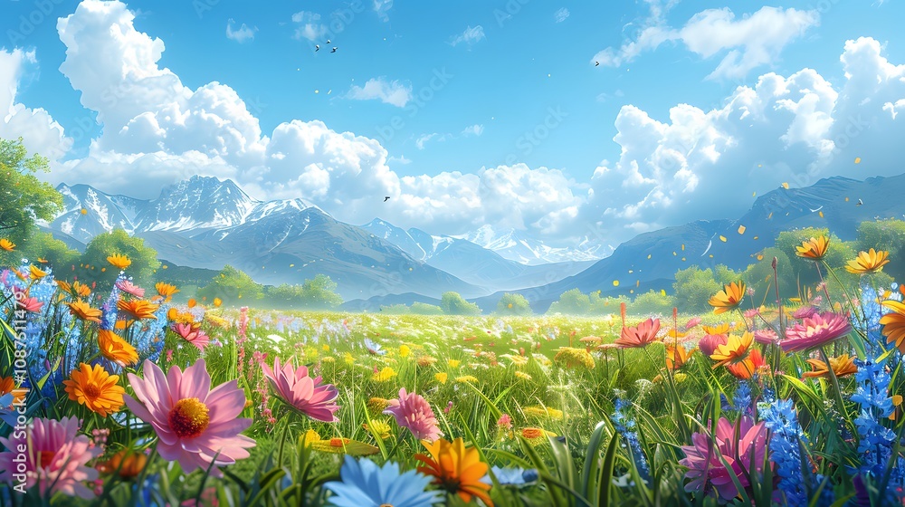 Sunny cartoon meadow with buzzing bees. AI generated Sunny cartoon meadow with buzzing bees. AI generated