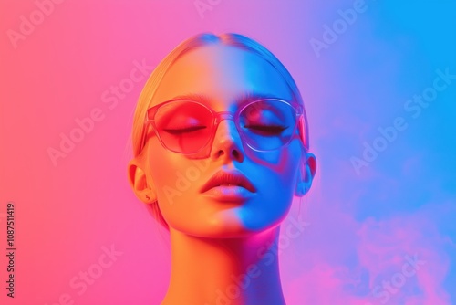 Retrato feminino com óculos de sol em iluminação neon nas cores rosa e azul, estilo futurista e conceitual, criado por IA generativa.