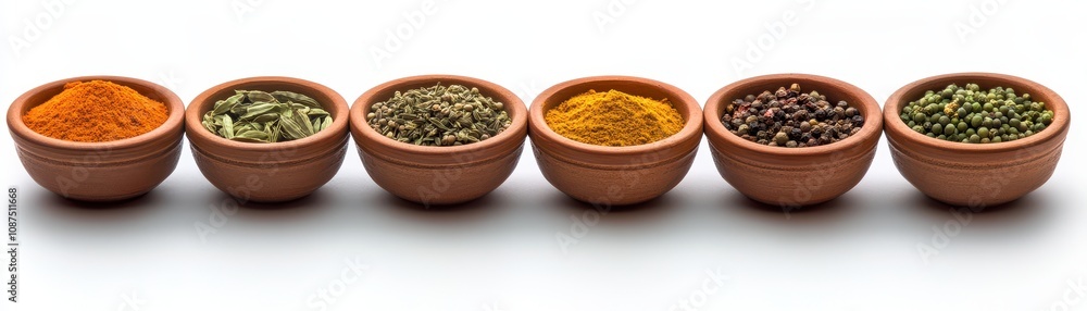 A row of clay bowls filled with colorful spices and seeds, showcasing a variety of textures and hues. A row of clay bowls filled with colorful spices and seeds, showcasing a variety of textures and hues.