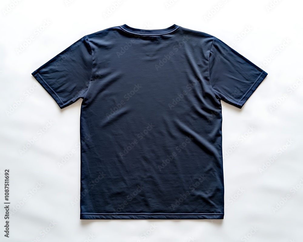 Fototapeta premium Back view of a navy blue t-shirt, isolated on white, ideal for graphic design mockups;