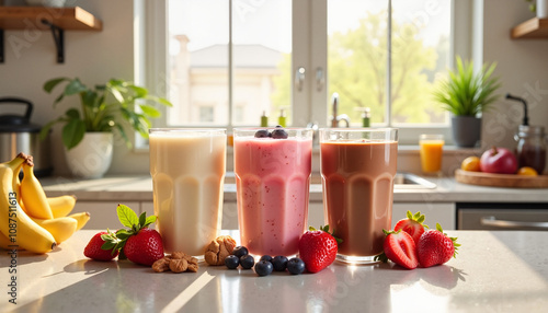 Three colorful smoothies with fruits and nuts on kitchen counter, bright natural light, healthy lifestyle, copy space