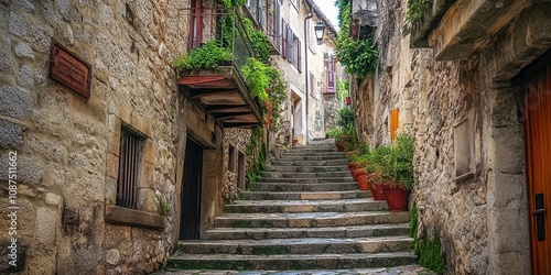 Charming narrow street in an old town, showcasing the beauty of winding paths and historic architecture. Explore the allure of this narrow street that embodies the essence of the old town. photo