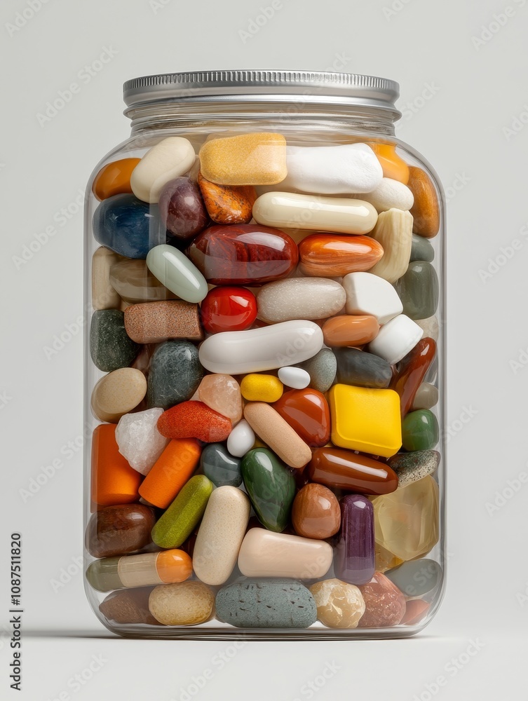 large round glass jar with thick glass walls, containing a variety of shiny gemstones in deep reds, greens, and blues, arranged in an elegant pattern that catches and refracts light, creating a large round glass jar with thick glass walls, containing a variety of shiny gemstones in deep reds, greens, and blues, arranged in an elegant pattern that catches and refracts light, creating a