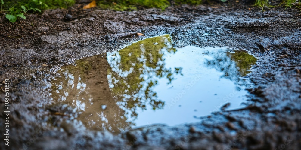 Rainwater has collected to form a dirty water puddle on the ground, showcasing the natural phenomenon of a dirty water puddle after rainfall. The dirty water puddle reflects the surroundings. Rainwater has collected to form a dirty water puddle on the ground, showcasing the natural phenomenon of a dirty water puddle after rainfall. The dirty water puddle reflects the surroundings.