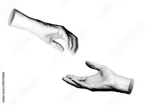 Two hands reaching toward each other, palms out, symbolizing love, unity, and help. Isolated in retro halftone dot style, inspired by nostalgic 1990s vintage grunge aesthetics.