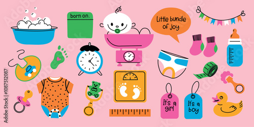 Set baby metric colored elements. Vector collection newborn hand drawn elements on pink background. Gender party outline icons. Metric, toys, feeding, care and  baby accessories.