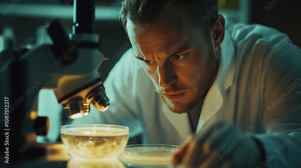 A researcher examining a petri dish under a microscope, studying bacteria or cells with intense focus A researcher examining a petri dish under a microscope, studying bacteria or cells with intense focus