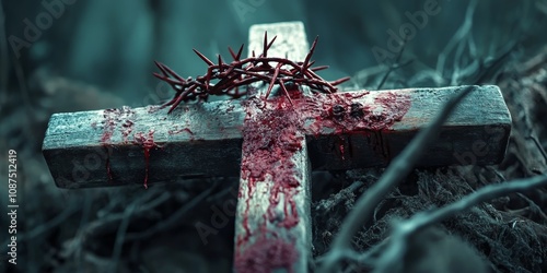 Crucifixion of Jesus Christ depicted with a cross, bloody nails, and a crown of thorns. This powerful image highlights the themes surrounding the crucifixion of Jesus Christ and its significance.