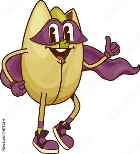 Groovy superhero pistachio nut happy character. defender organic food comical retro comic vector mascot, cheerful hero pistachio nut snack groovy character or funny personage wearing mask and cape