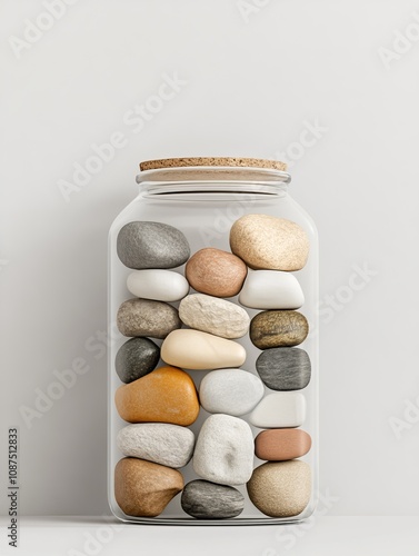 glass jar filled with a gradient of colored stones, starting with pale white at the top and gradually transitioning to dark gray at the bottom, stones arranged to form a calming ombre effect through photo