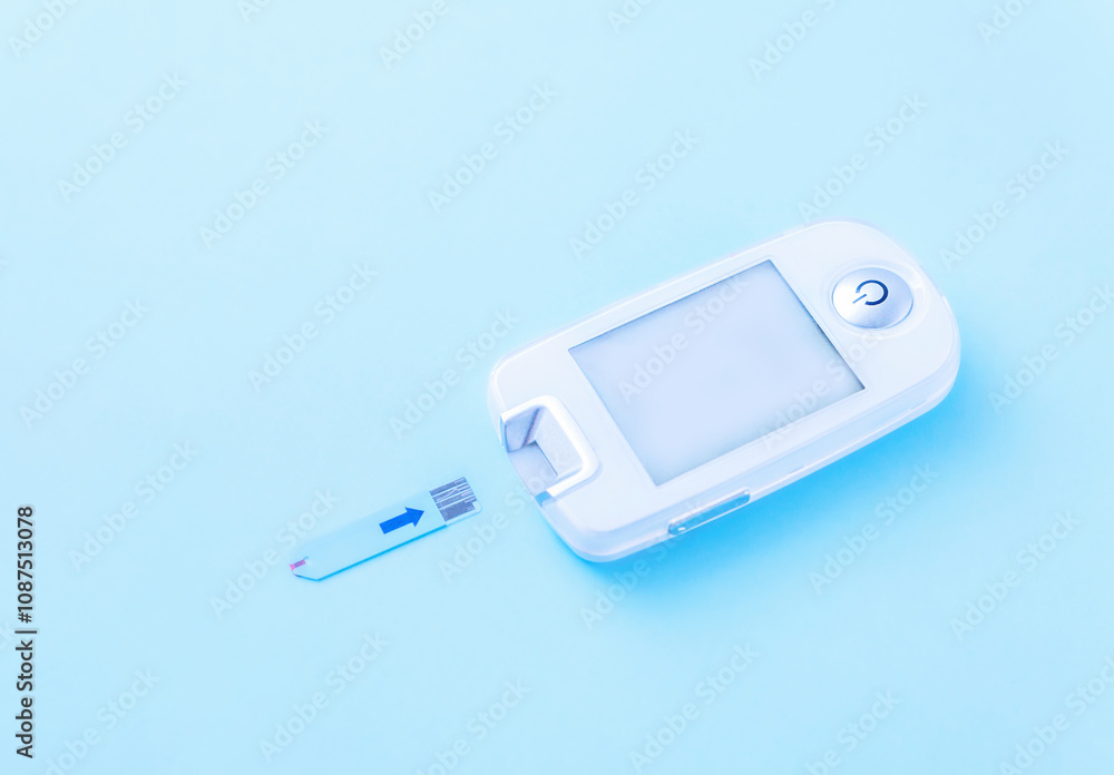 Fototapeta premium Diabetes mellitus. Close-up of a glucometer - a medical device for measuring blood glucose levels on a blue background with copy space. Self-monitoring of your health. Lifestyle, insulin dependence