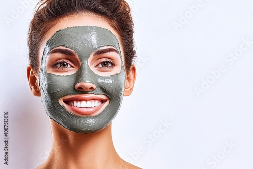 Beautiful woman is enjoying a grey clay mask treatment on her face