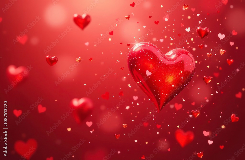 Glossy red hearts adorn a soft red backdrop, creating a romantic atmosphere for love and celebration Glossy red hearts adorn a soft red backdrop, creating a romantic atmosphere for love and celebration