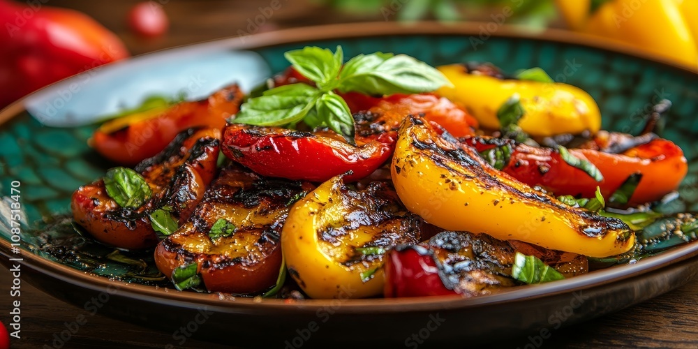 Colorful grilled bell peppers served on a plate, creating an appetizing presentation of grilled bell peppers against a vibrant background that enhances the dish s appeal. Colorful grilled bell peppers served on a plate, creating an appetizing presentation of grilled bell peppers against a vibrant background that enhances the dish s appeal.