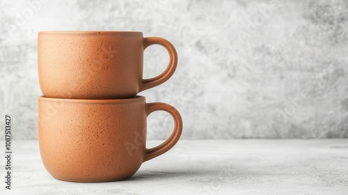 Sculpting handthrown clay mugs with natural imprints, handmade, organic style photo