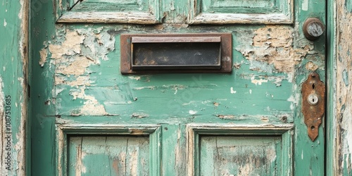 Weathered green door featuring peeling paint and a classic letterbox, showcasing the charm of an old green door with rustic details that add character and history. photo