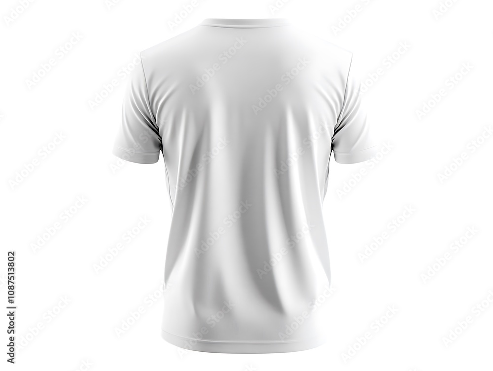 Back view of a white round neck t-shirt isolated on a clear white background, perfect for designs;