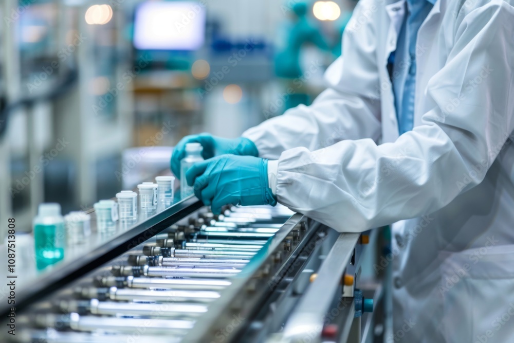 Worker in lab coat and gloves assembling parts on conveyor belt Worker in lab coat and gloves assembling parts on conveyor belt