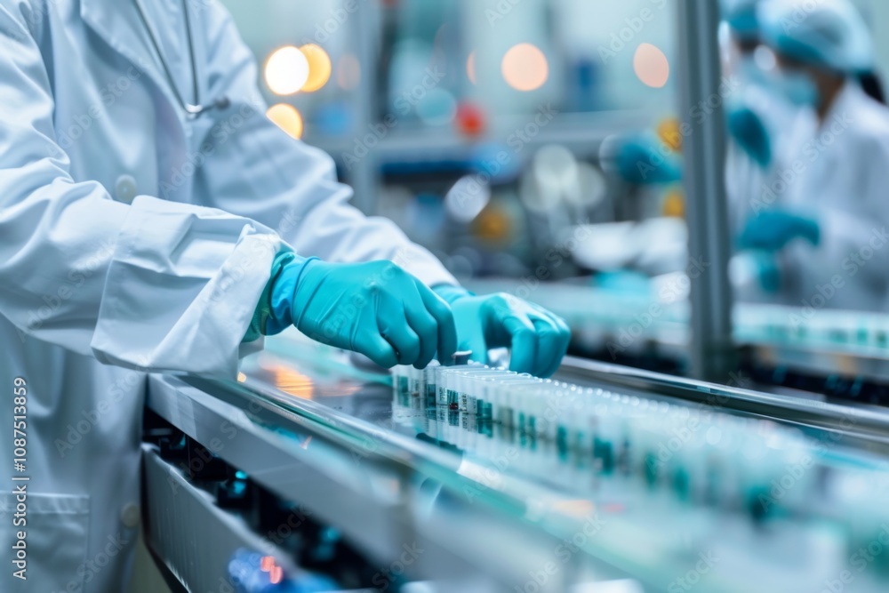 Worker in lab coat and gloves assembling parts on conveyor belt Worker in lab coat and gloves assembling parts on conveyor belt