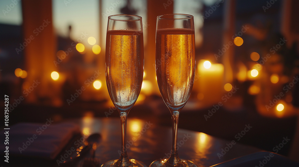 glasses of champagne on the table and golden glitter bokeh against blurred background. glasses of champagne on the table and golden glitter bokeh against blurred background.