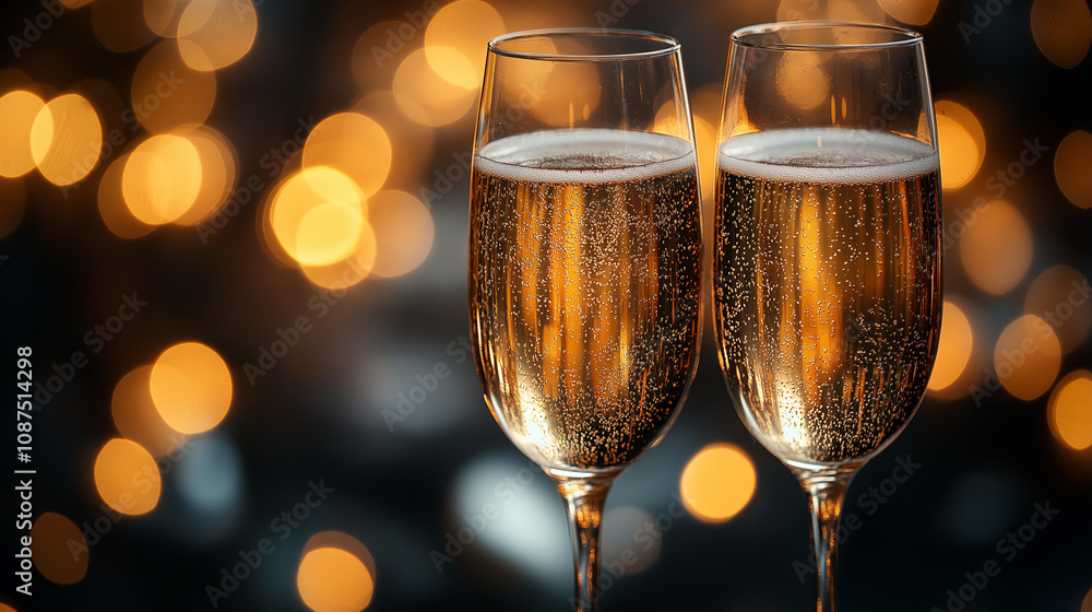 glasses of champagne on the table and golden glitter bokeh against blurred background. glasses of champagne on the table and golden glitter bokeh against blurred background.