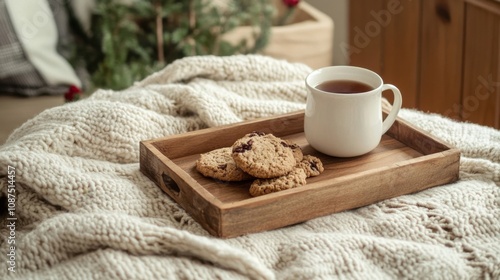 Soft woolen blanket with wooden tray holding tea and cookies cozy home winter vibes