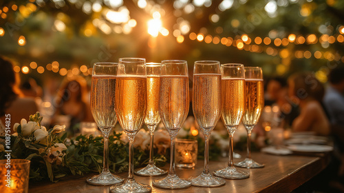 champagne at a wedding reception. Dinner table with glasses of champagne photo