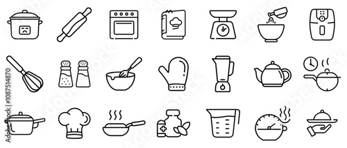 Set of kitchen and cooking utensil line icons in black and white