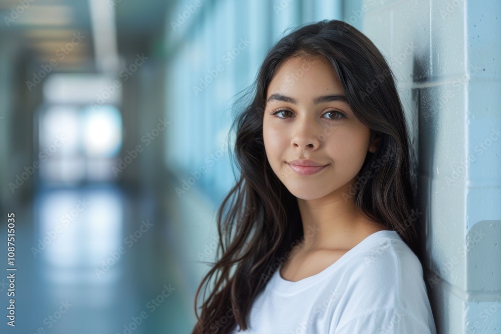Portrait of a smiling female high school student standing in hallway Portrait of a smiling female high school student standing in hallway