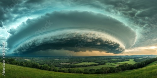 Thunderstorm featuring a developing arcus or shelf cloud across a serene countryside landscape, showcasing the dramatic weather patterns of a thunderstorm in a picturesque setting. photo