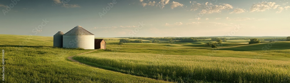 A peaceful rural landscape featuring a barn amidst lush green fields under a clear sky, showcasing the beauty of nature and agriculture. A peaceful rural landscape featuring a barn amidst lush green fields under a clear sky, showcasing the beauty of nature and agriculture.