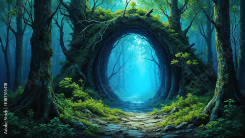 Fantasy magical gateway portal in the forest path. Portal has a magical blue glow and leads deeper into the mystical realm of the druids and fairy folk, green foliage and moss on ancient sacred trees