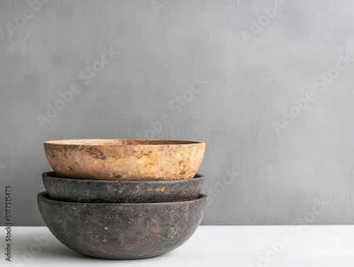 Sculpting stone bowls with natural textures, unique, earthinspired luxury photo