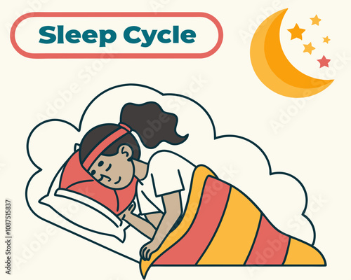 Understanding Sleep Cycle: An informative and illustrative depiction of the stages of sleep, featuring a person comfortably resting and dreaming under a striped blanket. 