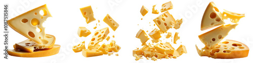 Assorted cheese slices and chunks isolated on a transparent background. photo