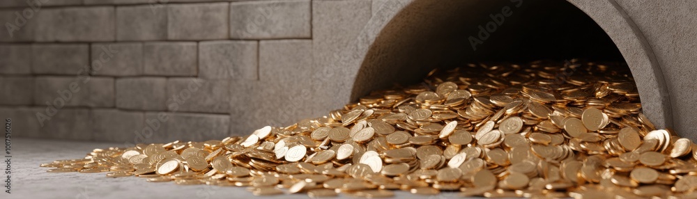 A pile of gold coins spills from a stone archway, creating a scene of wealth and treasure in a dimly lit environment. A pile of gold coins spills from a stone archway, creating a scene of wealth and treasure in a dimly lit environment.
