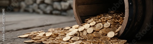 A rustic wooden barrel spills golden coins onto a textured surface, evoking a sense of wealth and treasure. photo