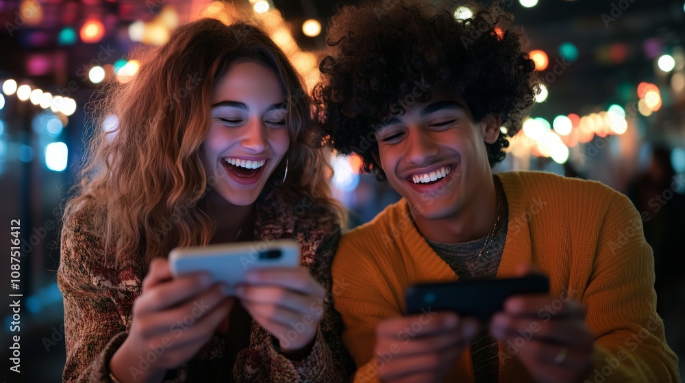 Naklejka premium Two happy young adults, a woman with long curly brown hair and a man with curly dark hair, sit close together at night