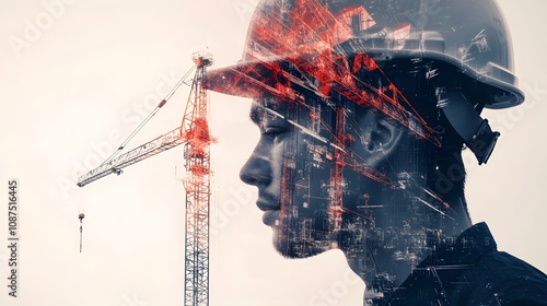 Professional construction worker with a helmet against a backdrop of a towering crane, symbolizing the future of engineering and innovation in urban development. photo