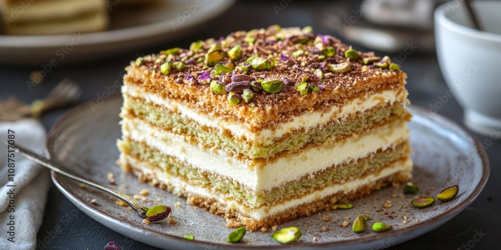 Delicious napoleon cake topped with pistachios, showcasing the rich flavors and textures of a tasty dessert. This tasty napoleon cake is perfect for any celebration or sweet indulgence. Delicious napoleon cake topped with pistachios, showcasing the rich flavors and textures of a tasty dessert. This tasty napoleon cake is perfect for any celebration or sweet indulgence.