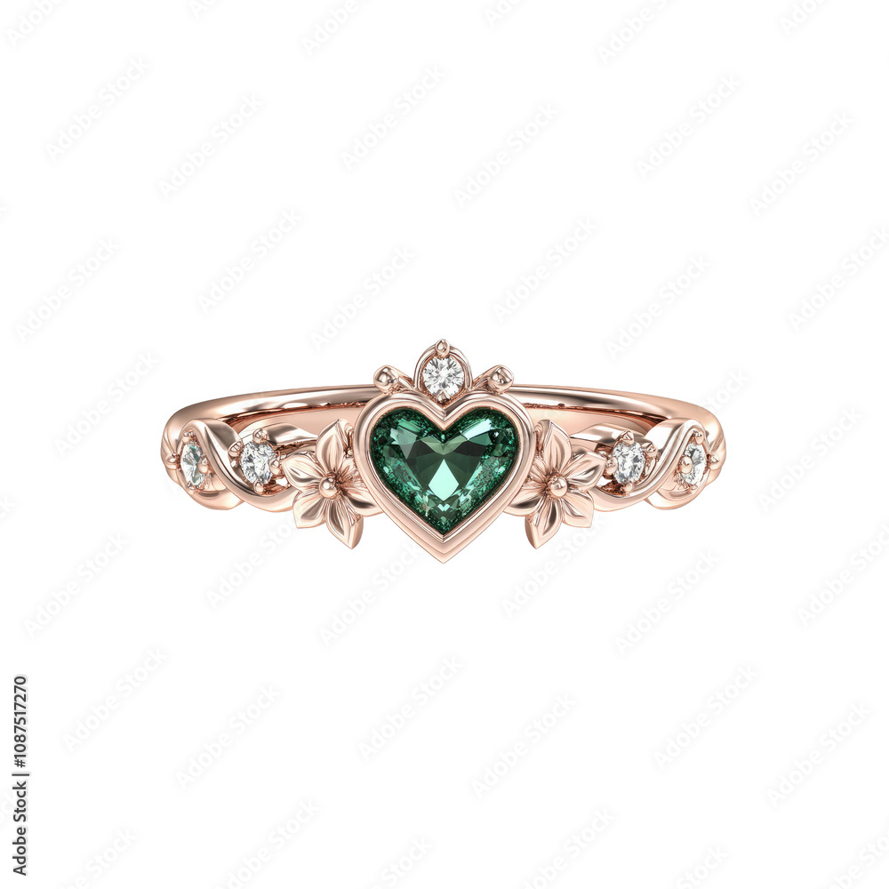 Rose Gold Heart-Shaped Emerald and Diamond Ring with Floral Design Rose Gold Heart-Shaped Emerald and Diamond Ring with Floral Design