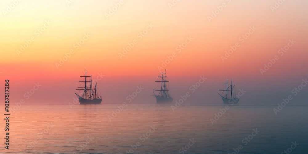 Three ships of different sizes appear on the hazy horizon during sunset, creating a stunning maritime scene with a captivating blend of colors and shapes on the serene horizon. Three ships of different sizes appear on the hazy horizon during sunset, creating a stunning maritime scene with a captivating blend of colors and shapes on the serene horizon.
